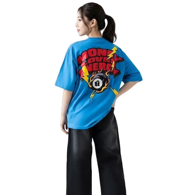 Person wearing a blue t-shirt with a colorful graphic design on a white background
