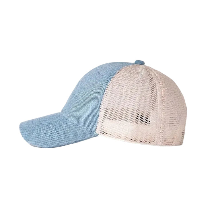 Two baseball caps, one blue and one beige with mesh back, on a white background.