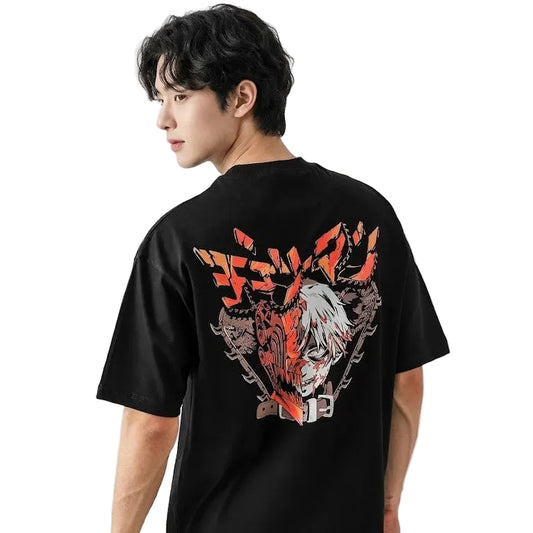 Person wearing a black t-shirt with a graphic design on the back against a white background