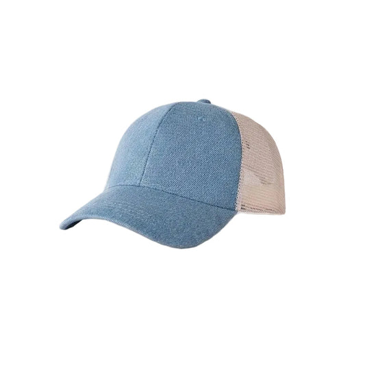 Blue denim cap with beige mesh back on a white background
