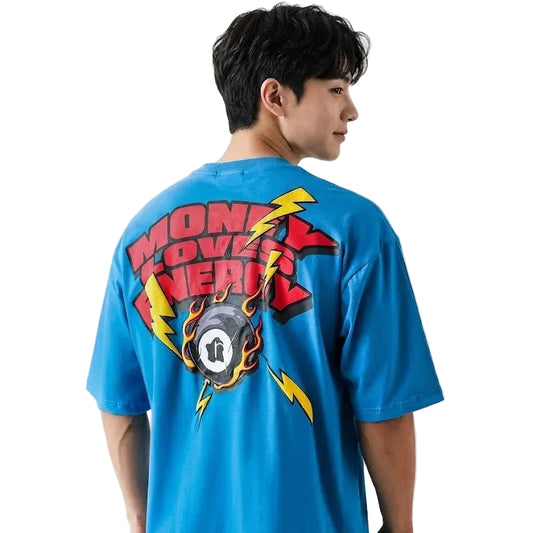 Person wearing a blue t-shirt with a colorful graphic on the back against a white background